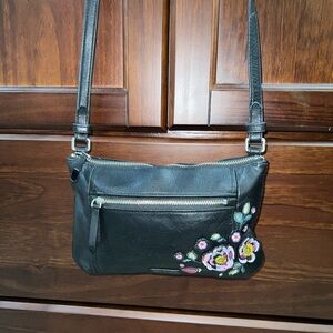 Vera Bradley black leather crossbody bag w/colorful intercate floral stitching
